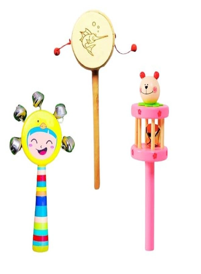 Little Mind Handmade Non Toxic Colorful Wooden Baby Rattle Toy - Set of 4 pcs Sound Making Rattle Combo Pack (Face 5 Bell, White Damura, Cage Rattle) - Image 1